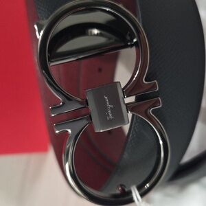 Salvatore Ferragamo Black Belt with Silver Double-Gancini Buckle